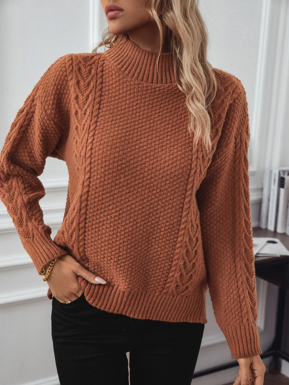 Hazel Blues® |  Cable-Knit Mock Neck Long Sleeve Sweater