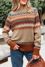 Hazel Blues® |  Khaki Aztec Print Colorblock Crew Neck Sweater