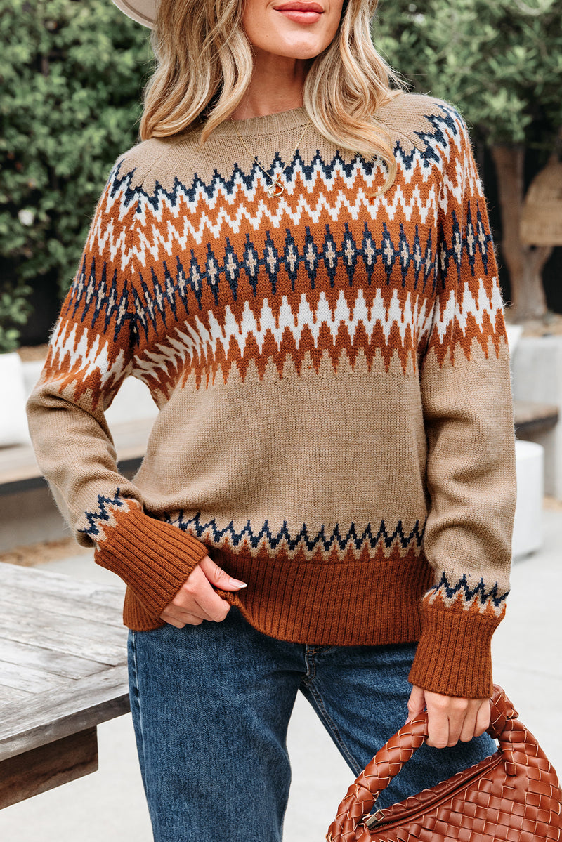 Hazel Blues® |  Khaki Aztec Print Colorblock Crew Neck Sweater