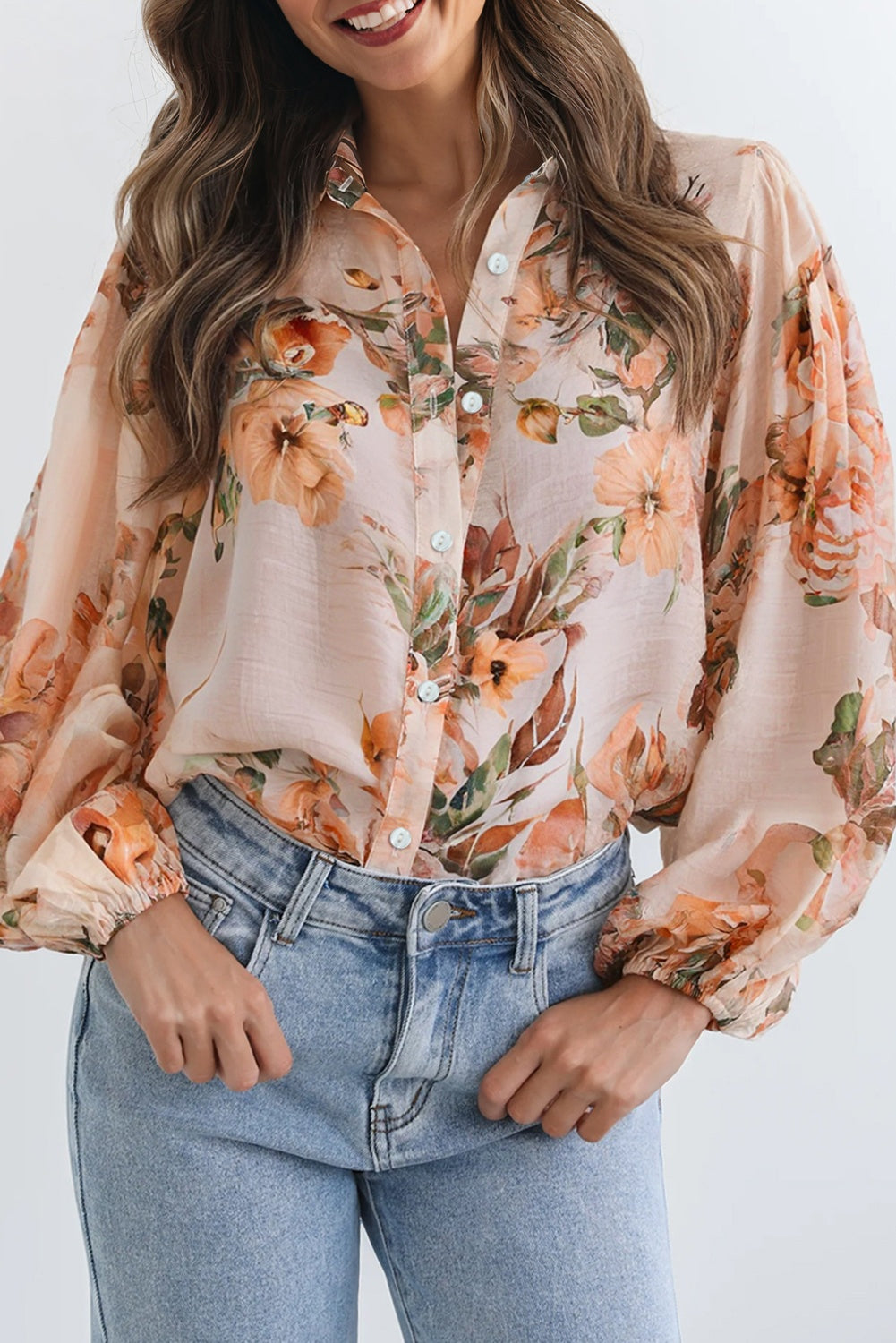 Hazel Blues® |  Orange Floral Puff Sleeve Lightweight Shirt