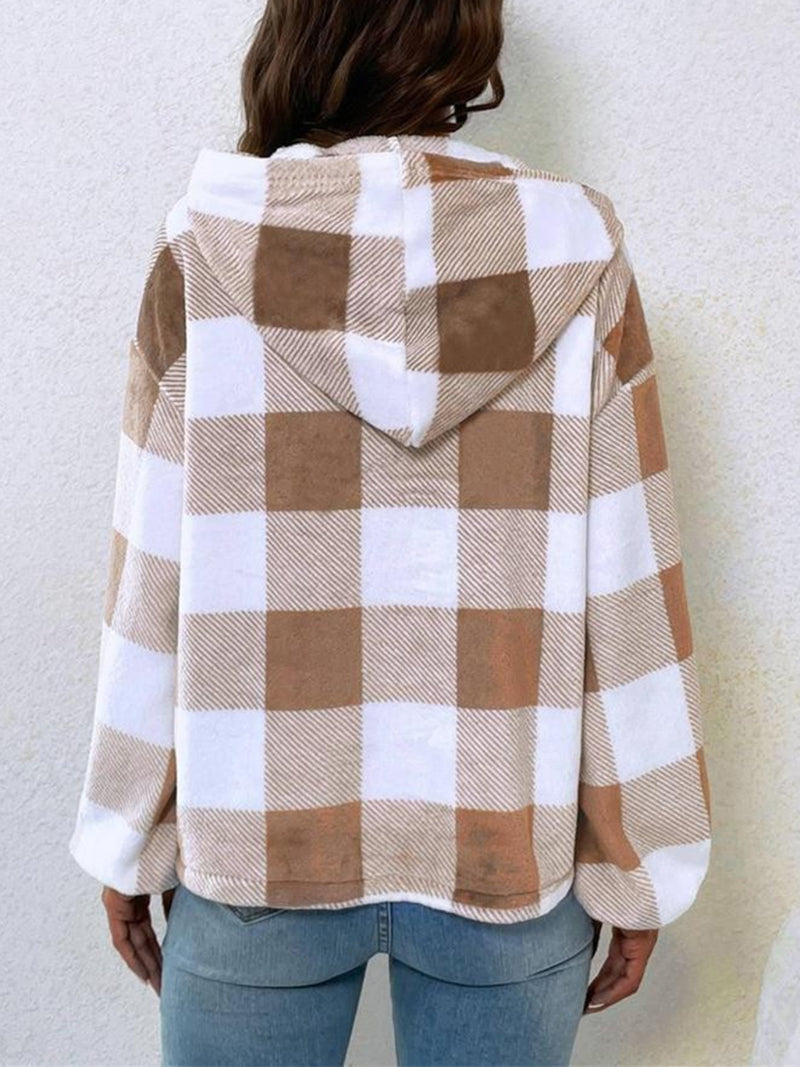 Hazel Blues® |  Plaid Half Button Long Sleeve Hoodie