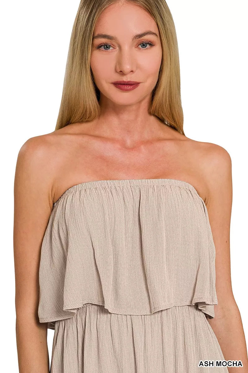 zenana maxi dresses Zenana Woven Crinkle Strapless Maxi Dress ASH MOCHA / M