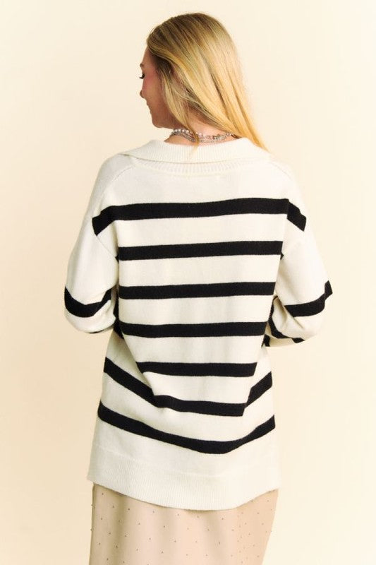 Hazel Blues® |  Davi & Dani High-Low Side Slit Striped Johnny Collar Sweater