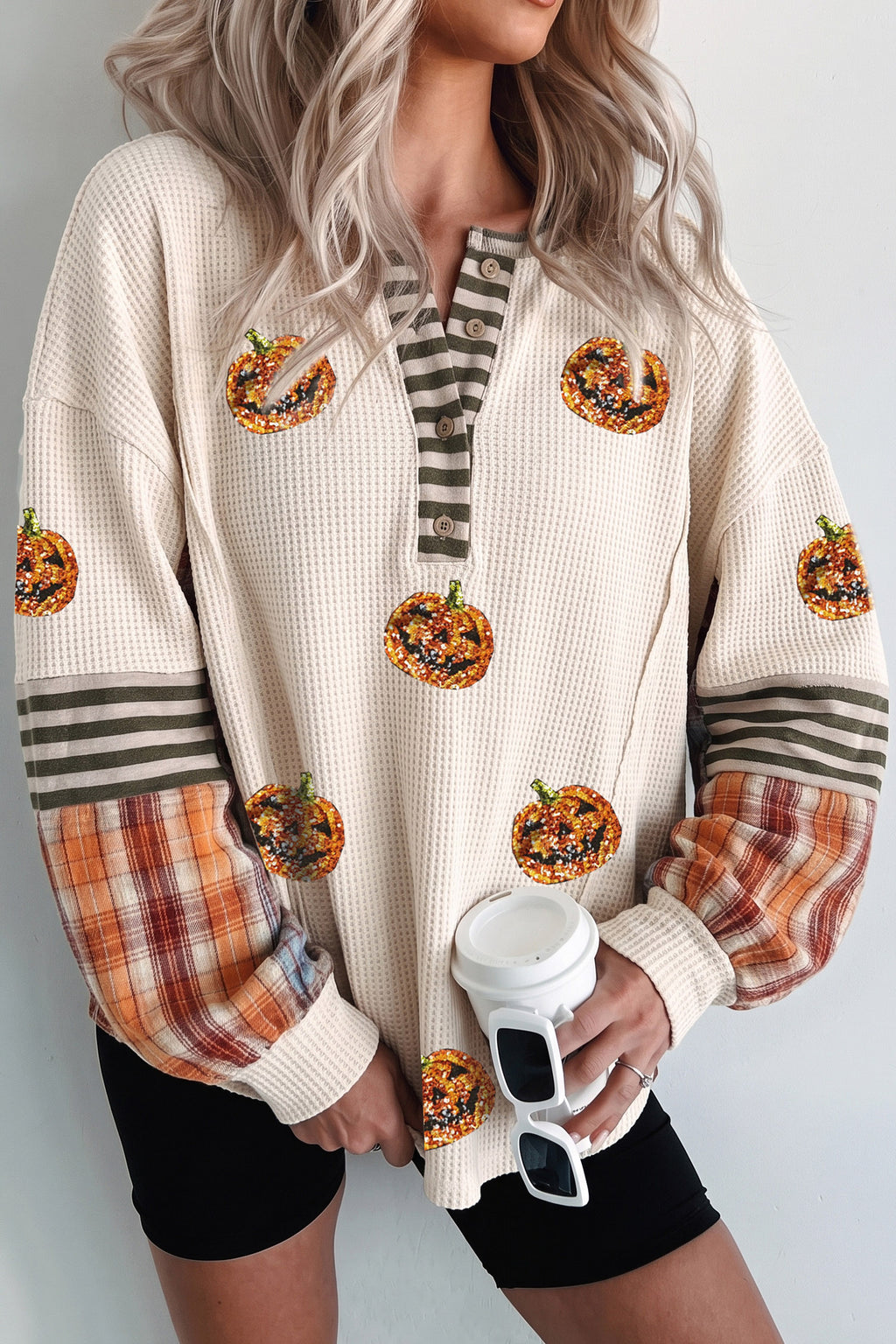 Sadie Reese Beige Sequined Pumpkin Face Patched Henley Waffle Top