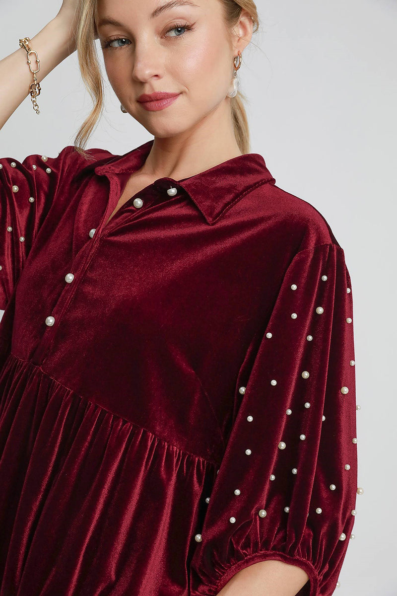 Hazel Blues® |  Umgee Pearl Detail Collared Neck Velvet Babydoll Blouse