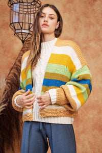 Hazel Blues® |  Davi & Dani Contrast Striped Open Front Lantern Sleeve Cardigan