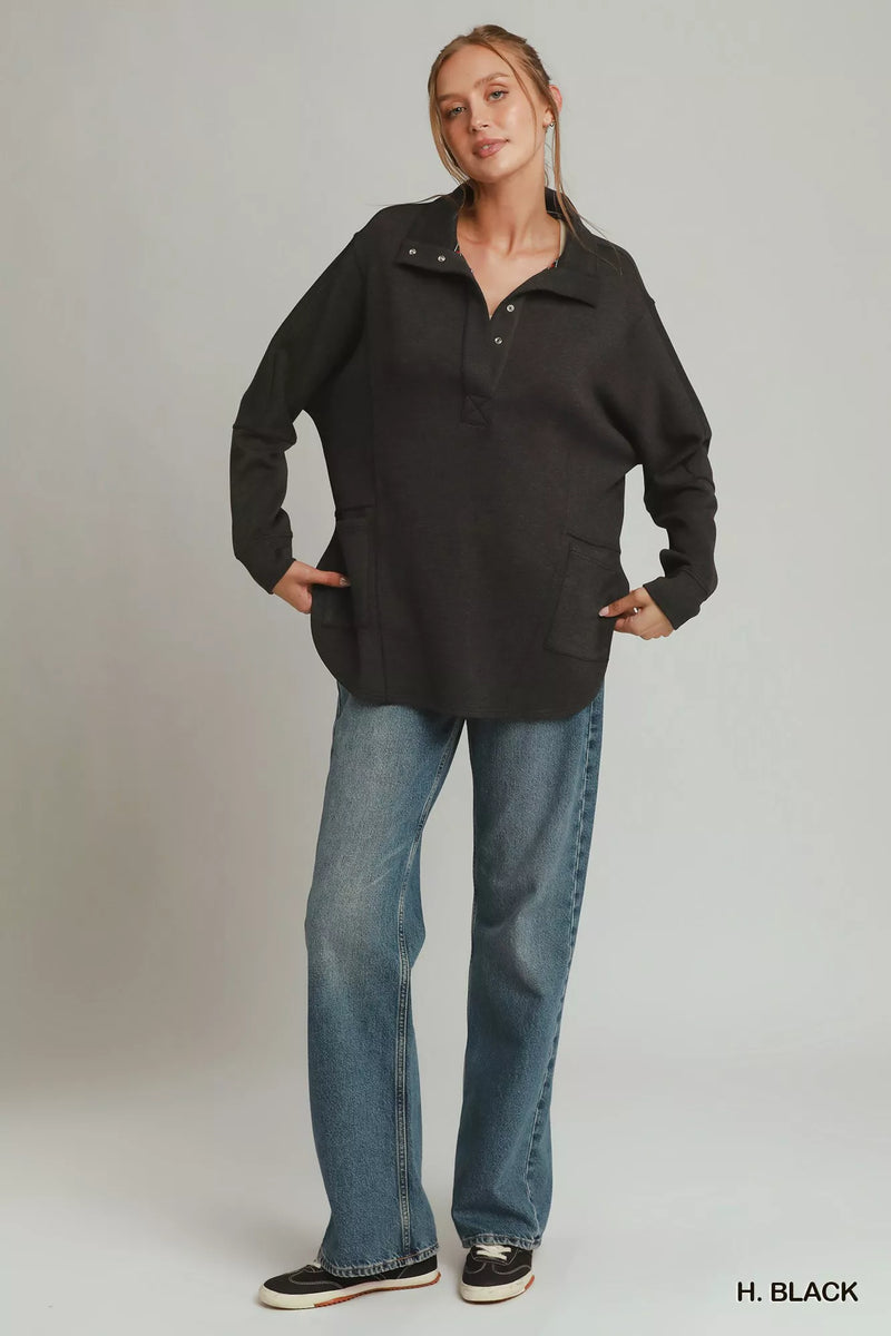 Umgee Half Placket Sweatshirt With Pockets | Pocketed Sweatshirt