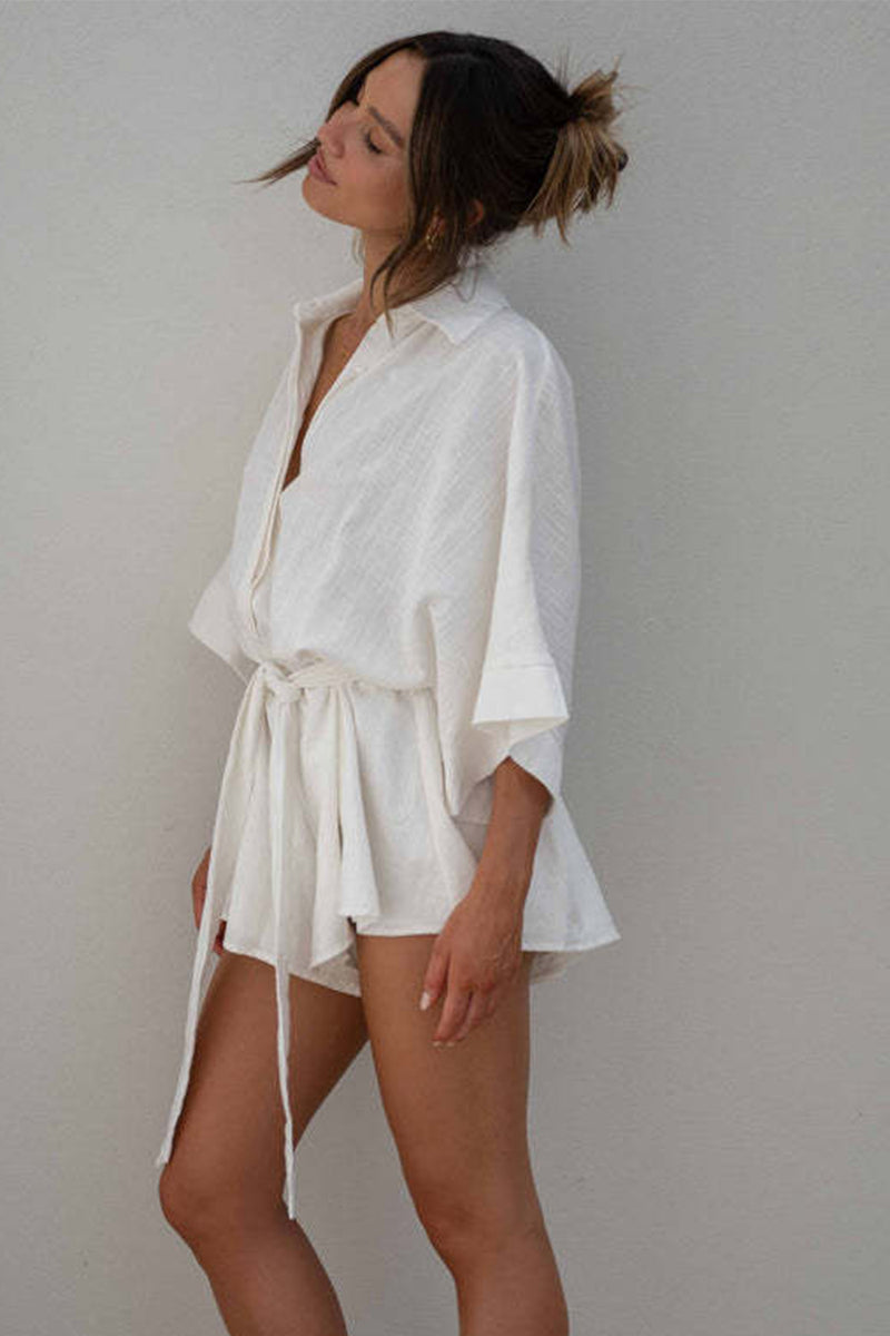 Hazel Blues® |  Tied Button Up Collared Neck Romper