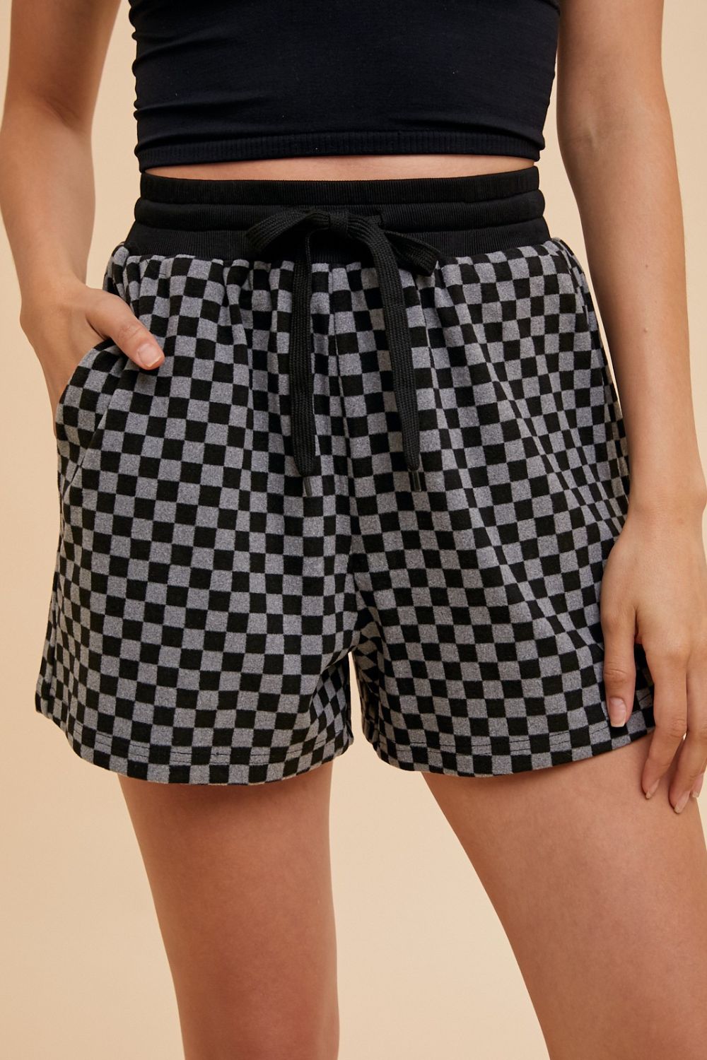 Hazel Blues® |  Annie Wear Checkered Round Neck Top and Drawstring Shorts Set