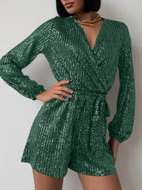 Hazel Blues® |  Sequin Surplice Tie Waist Long Sleeve Romper