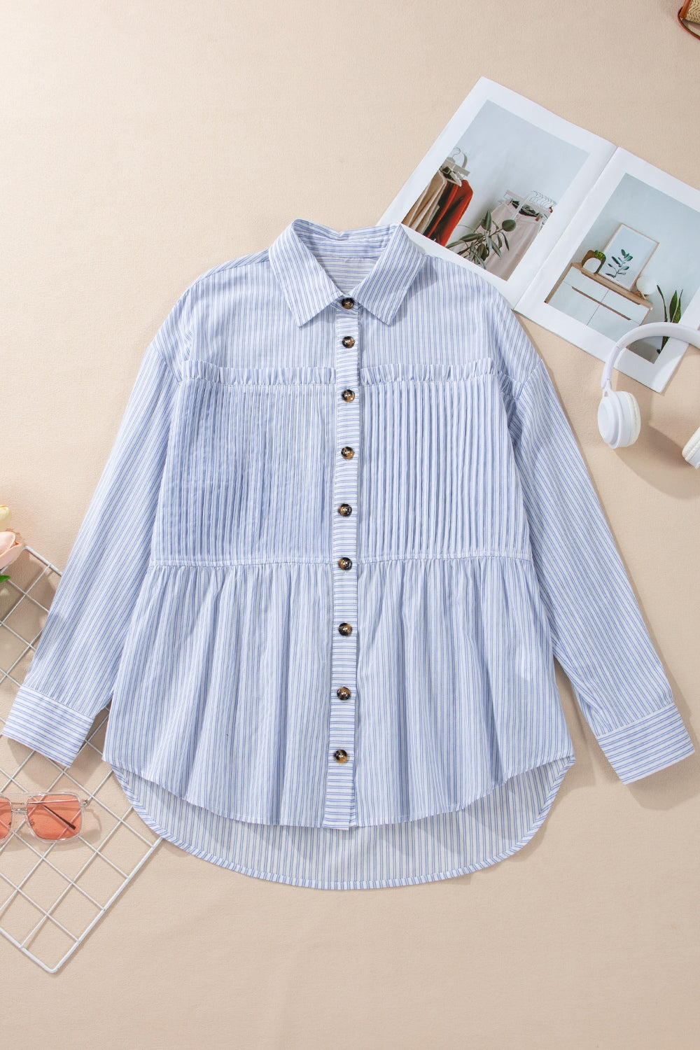 Hazel Blues® |  High-Low Striped Collared Neck Long Sleeve Shirt