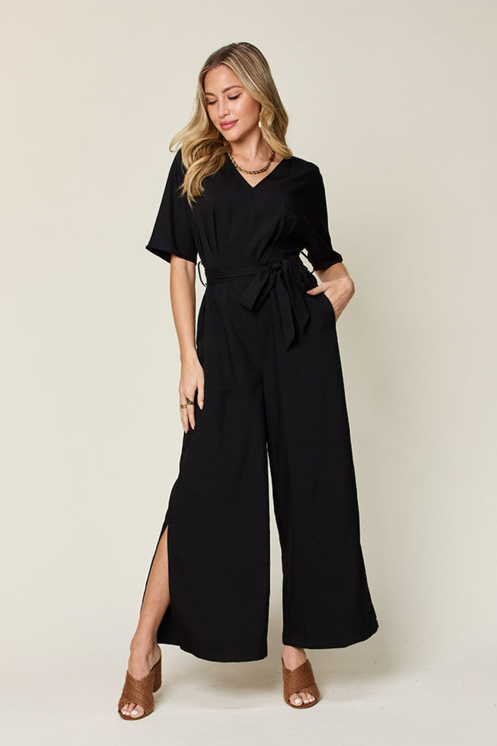 Hazel Blues® | Double Take V-Neck Tie Front Short Sleeve Slit Jumpsuit