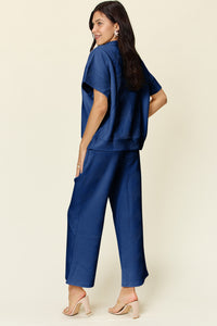 Hazel Blues® |  Double Take Texture Half Zip Short Sleeve Top and Pants Set