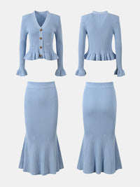 Hazel Blues® |  Ruffled V-Neck Top and Midi Skirt Sweater Set