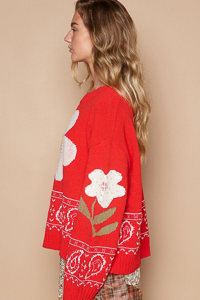 Hazel Blues® |  POL Flower Lace Patch Long Sleeve Sweater