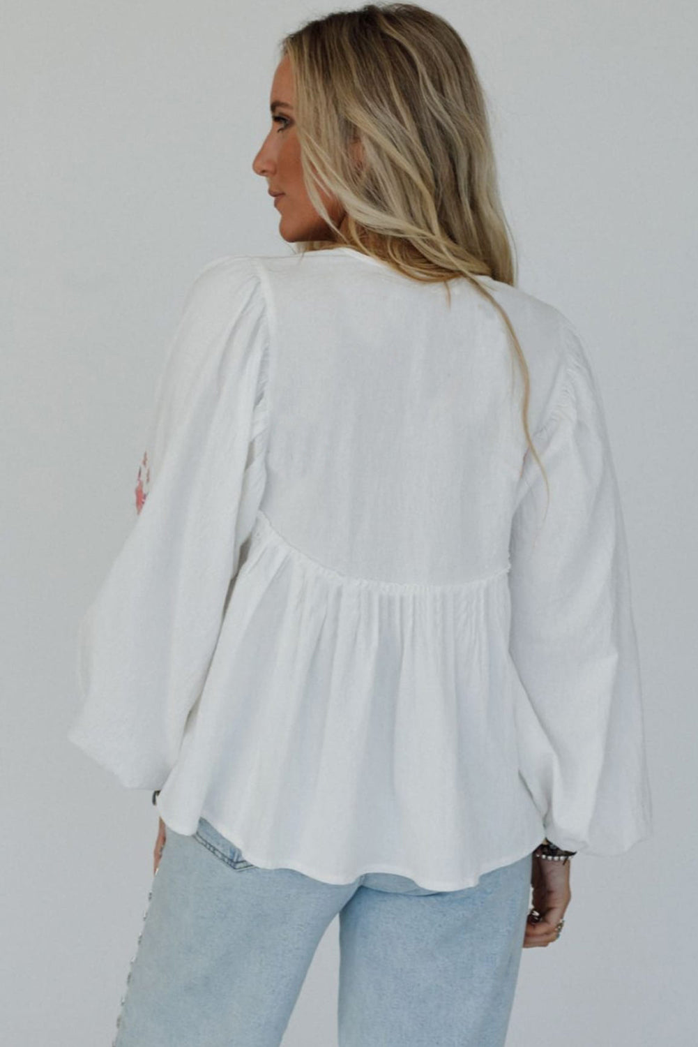 Hazel Blues® |  White Flower Lace-up V Neck Babydoll Blouse
