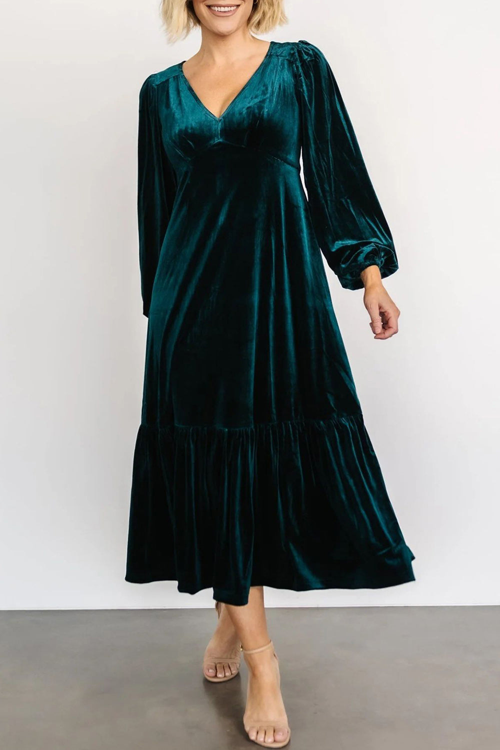 Hazel Blues® |  V-Neck Long Sleeve Midi Velvet Dress