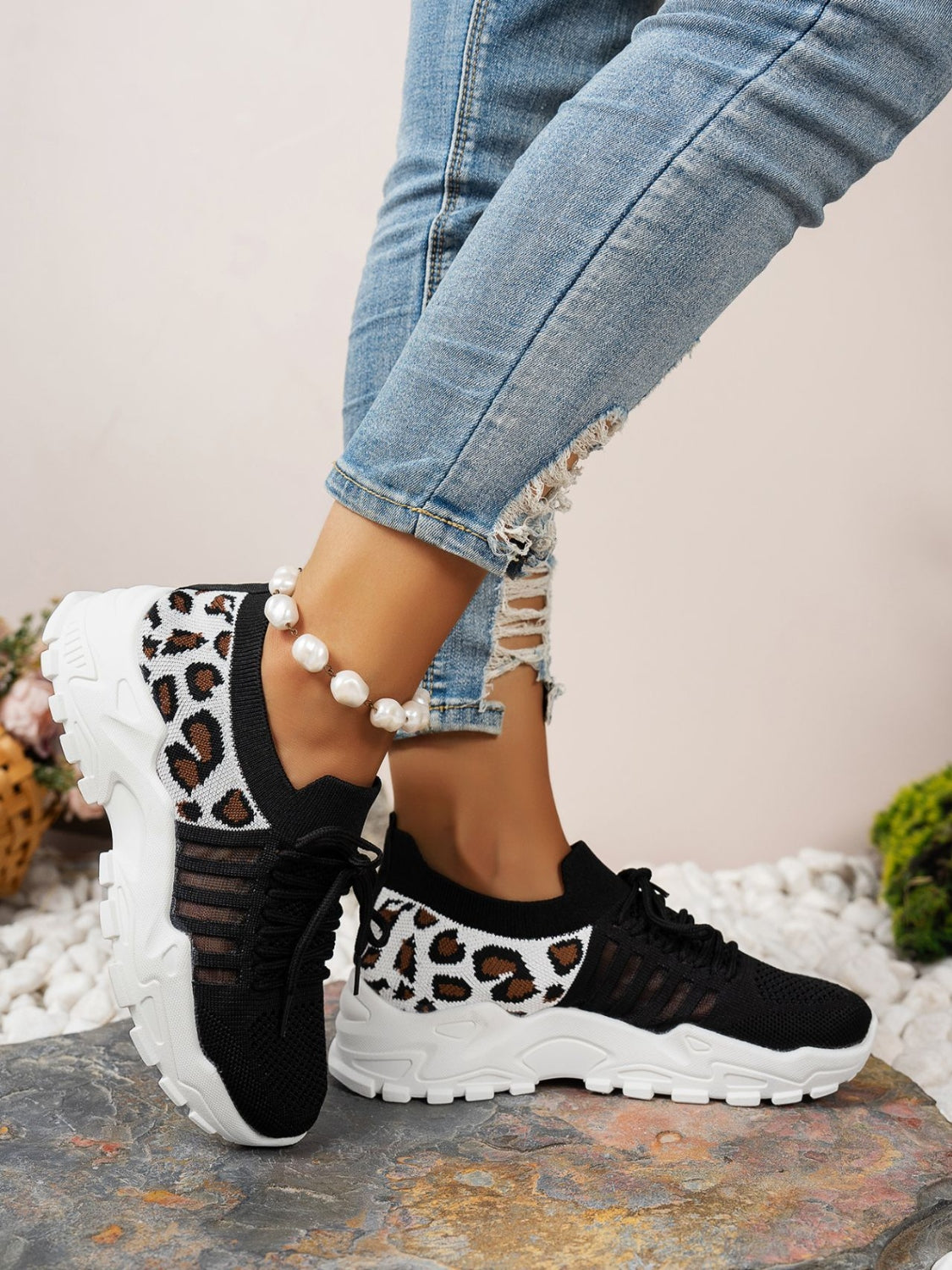 Hazel Blues® |  Cutout Leopard Lace Up Mesh Athletic