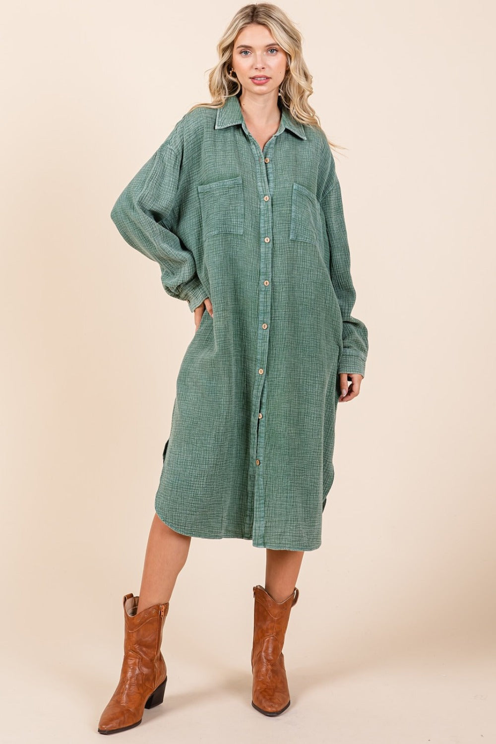 Hazel Blues® |  Mittoshop Mineral Wash Cotton Gauze Midi Shirt Dress