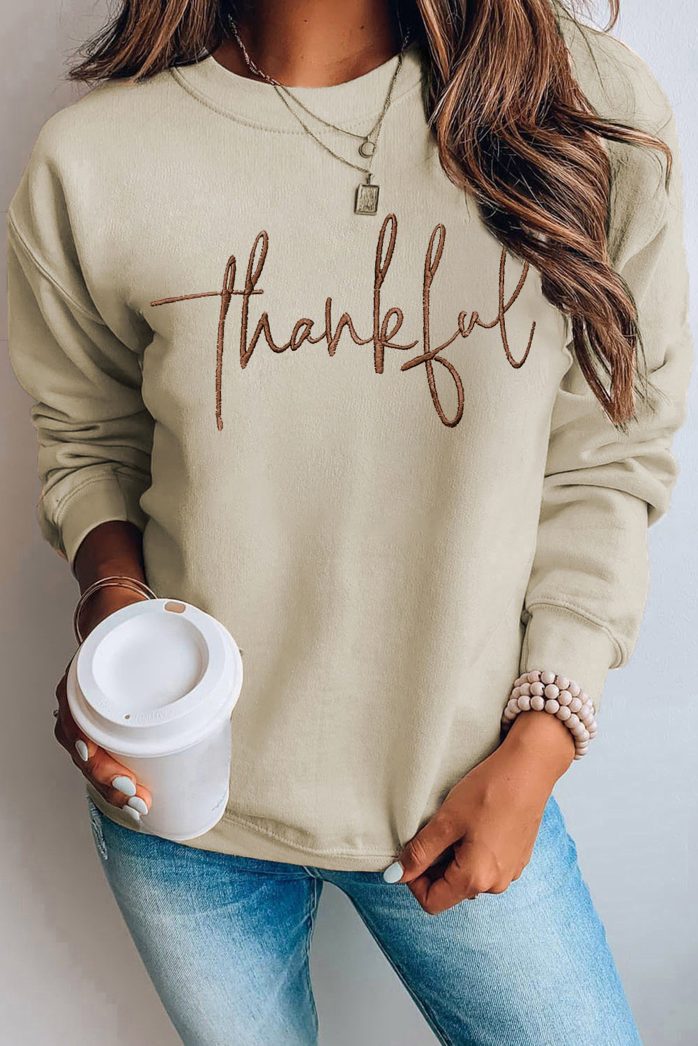 Hazel Blues® |  Parchment thankful Embroidered Drop Shoulder Pullover Sweatshirt