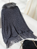 Hazel Blues® |  Fringe Leopard Open Front Long Sleeve Poncho