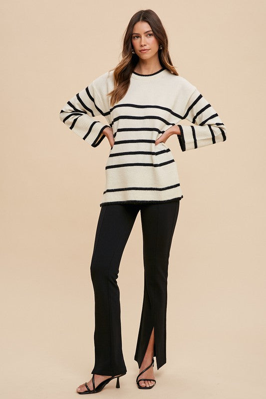 Hazel Blues® |  Annie Wear Side Slit Striped Round Neck Sweater