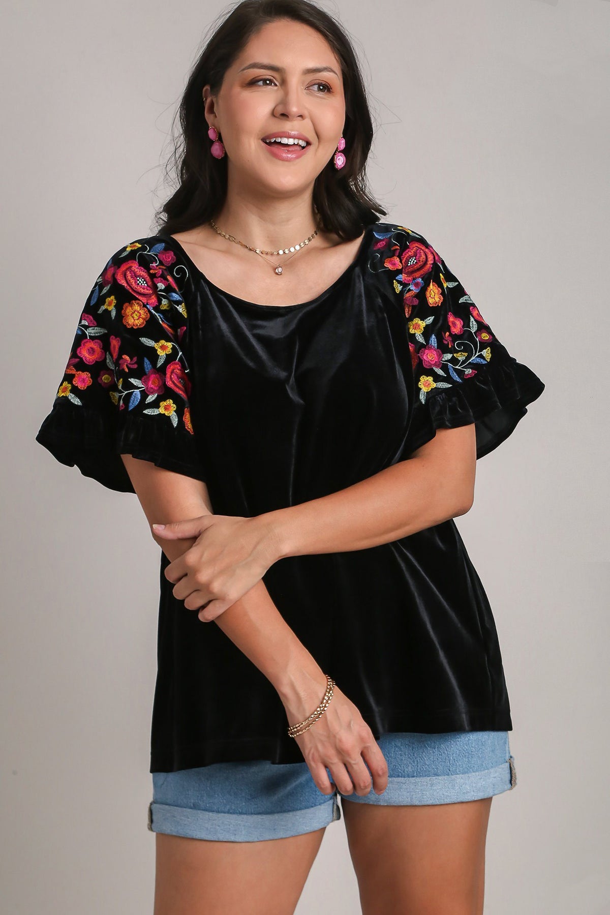 Hazel Blues® |  Umgee Velvet Embroidery Short Sleeve Blouse