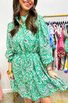 Hazel Blues® |  Green Paisley Print Long Sleeve Button Front Tied Waist Mini Dress