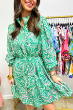 Hazel Blues® |  Green Paisley Print Long Sleeve Button Front Tied Waist Mini Dress