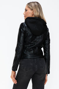 Hazel Blues® |  Snobbish Faux Leather Zip Up Drawstring Hooded Jacket