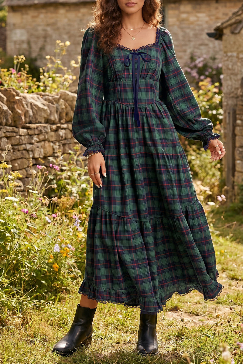 Green Vintage Plaid Square-Neck Lace-Trim Dress – Hazel Blues®