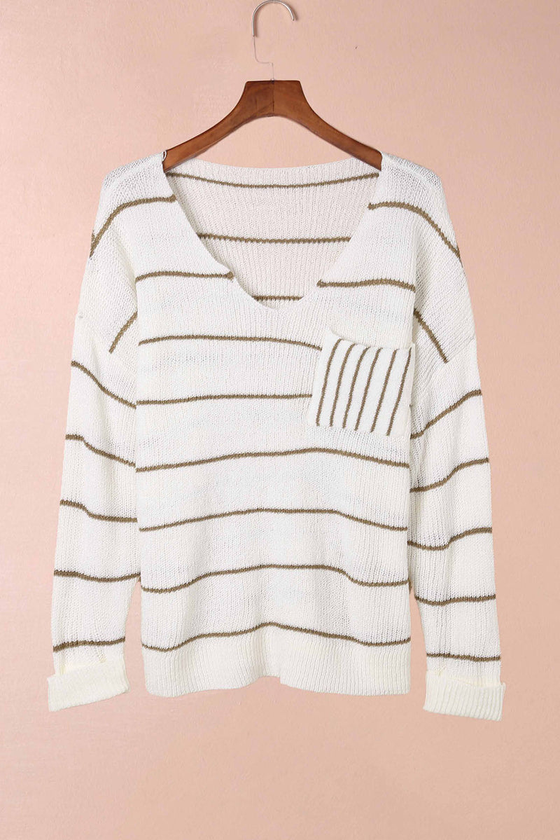 Hazel Blues® |  Striped V-Neck Drop Shoulder Sweater