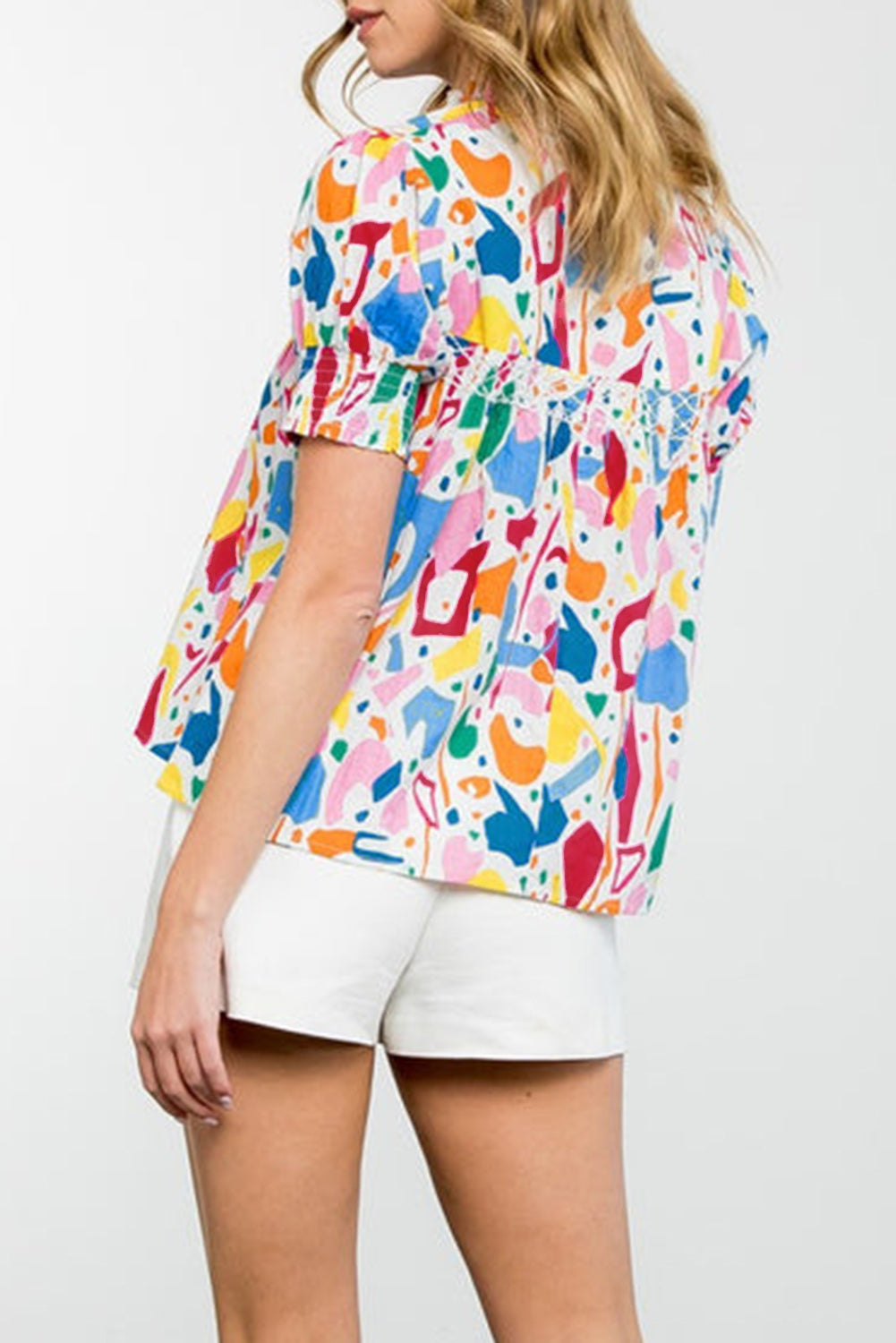 White Abstract Print Shirred Cuff Puff-Sleeve Blouse