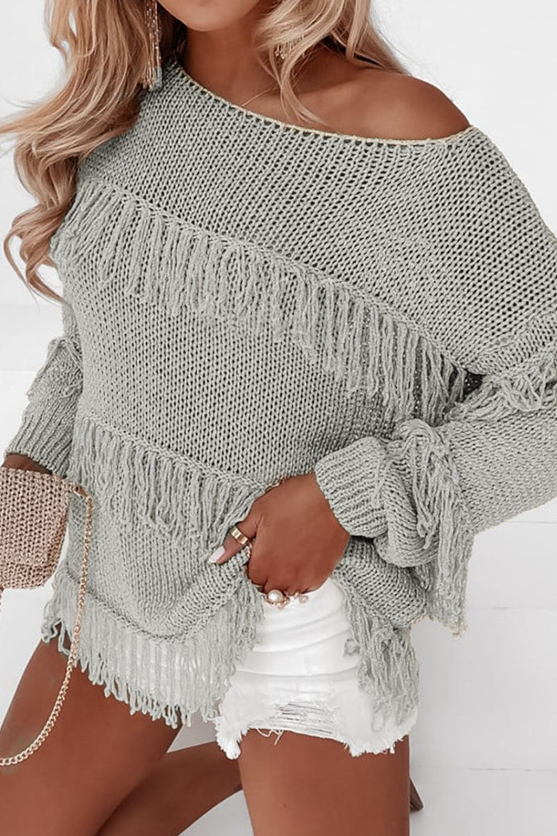 Hazel Blues® |  Fringe Boat Neck Long Sleeve Sweater