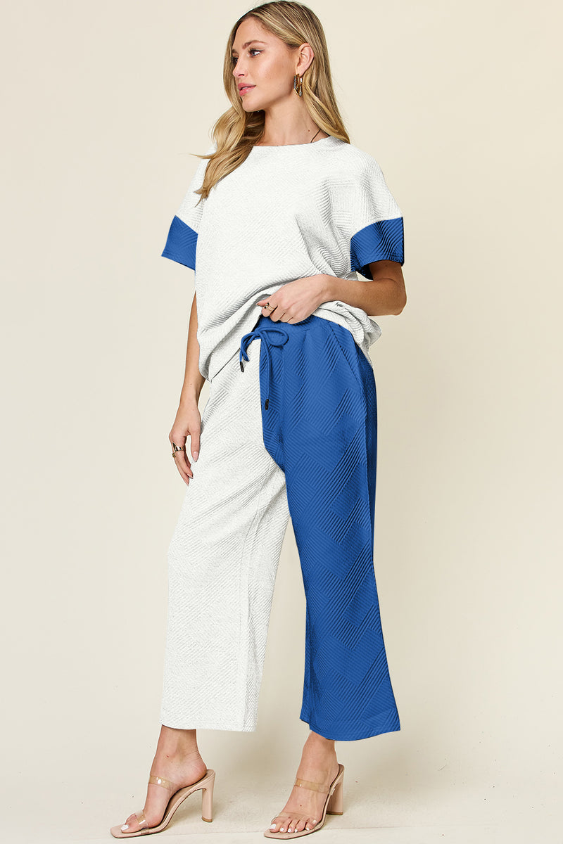 Hazel Blues® |  Double Take Texture Contrast T-Shirt and Wide Leg Pants Set