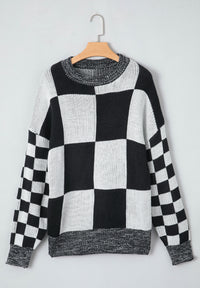 Hazel Blues® |  Checkered Round Neck Drop Shoulder Sweater