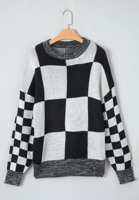 Hazel Blues® |  Checkered Round Neck Drop Shoulder Sweater