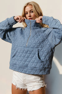 Hazel Blues® |  Double Take Half Zip Long Sleeve Quilted Sweatshirt with Pocket