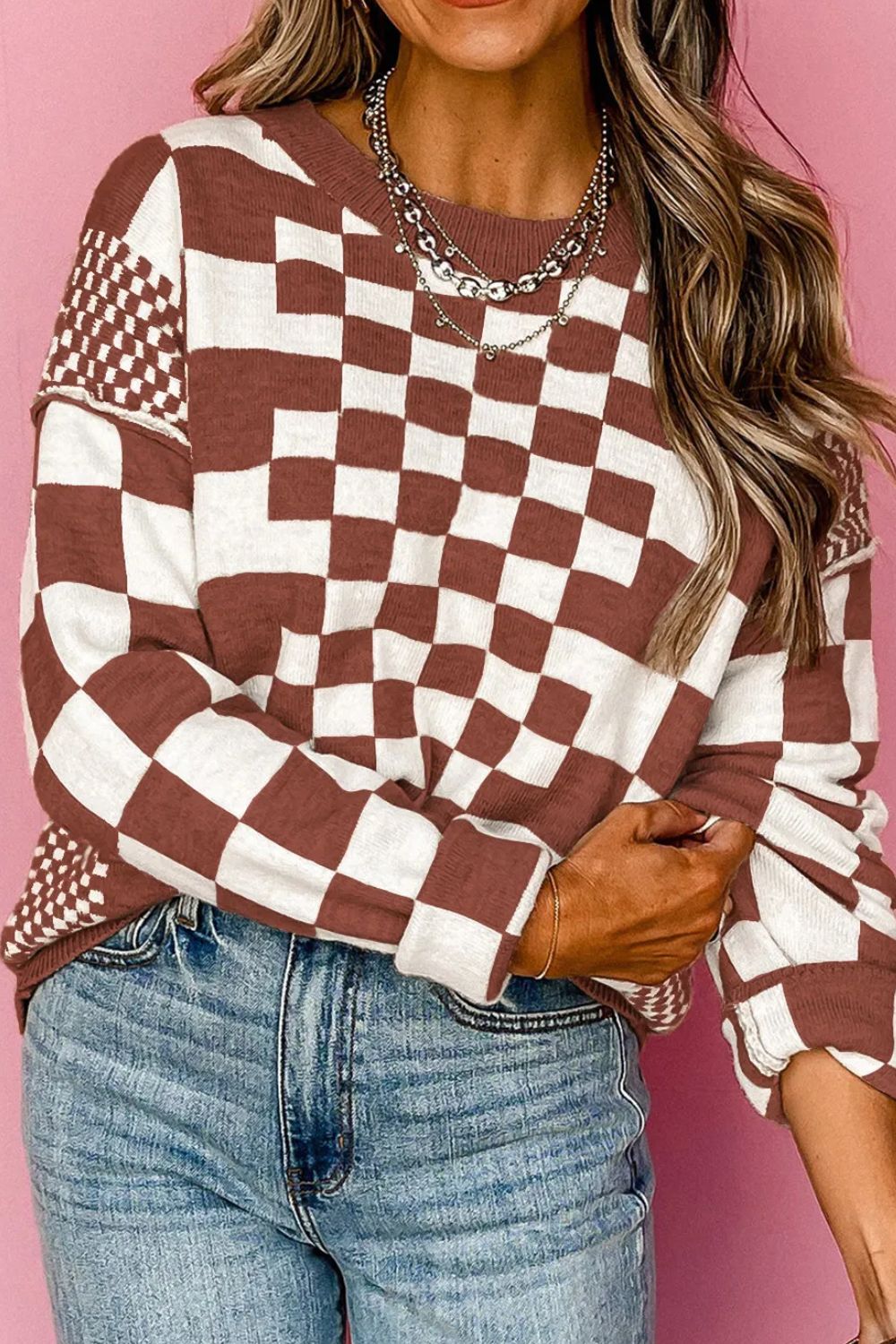 Hazel Blues® |  Checkered Round Neck Long Sleeve Sweater