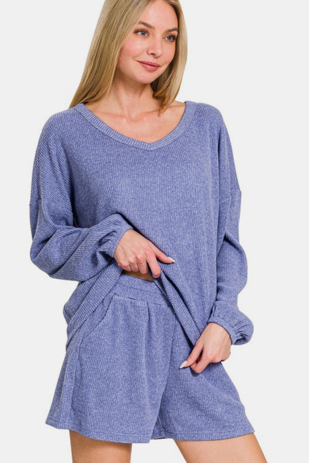 Hazel Blues® |  Zenana V-Neck Long Sleeve Ribbed Top and Shorts Set