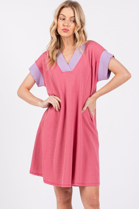 Hazel Blues® |  Ces Femme Contrast Trim V-Neck Short Sleeve Dress