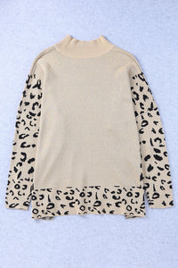 Hazel Blues® |  Slit Leopard Mock Neck Dropped Shoulder Sweater