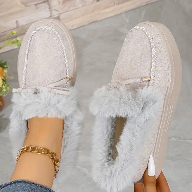 Hazel Blues® |  Bow Furry Round Toe Flat Slip-Ons