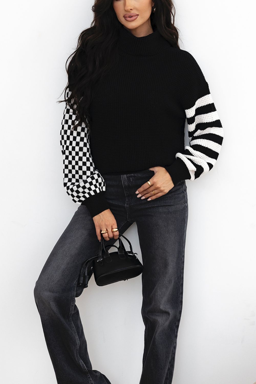 Hazel Blues® |  Striped & Checkered Turtleneck Dropped Shoulder Sweater