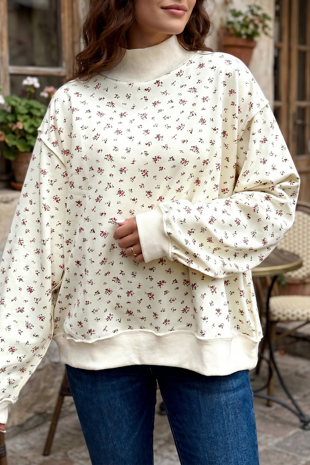Ribbed High Neck Patchwork Floral Print Baggy Pullover Sweatshirt