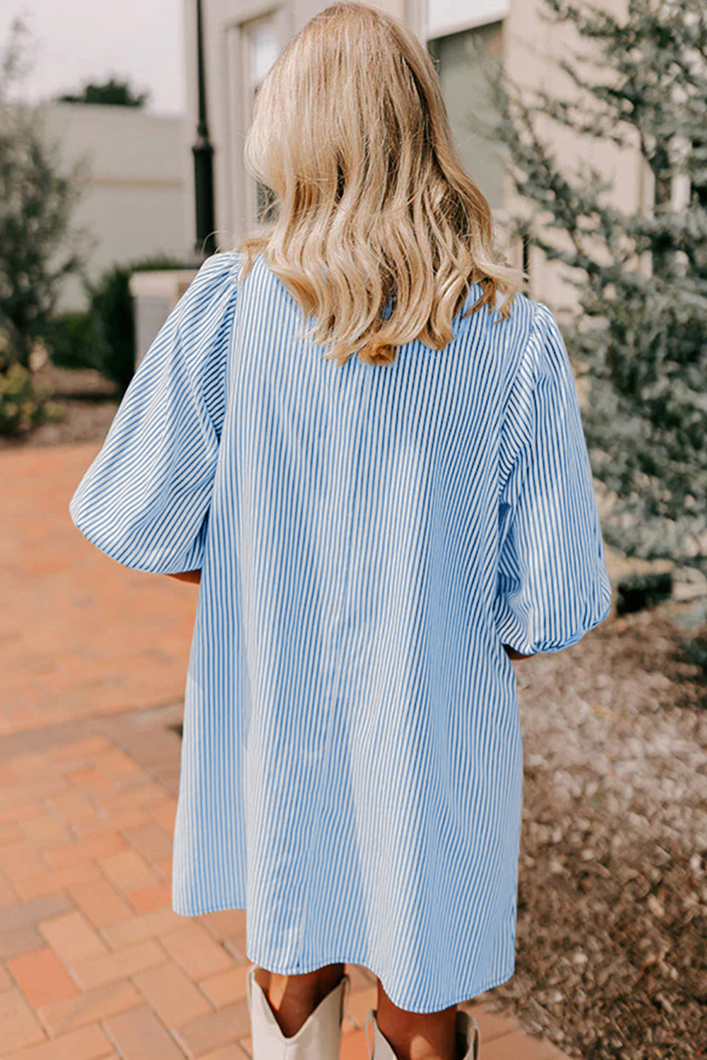 Sky Blue Striped Color-Block Button-Down Mini Dress