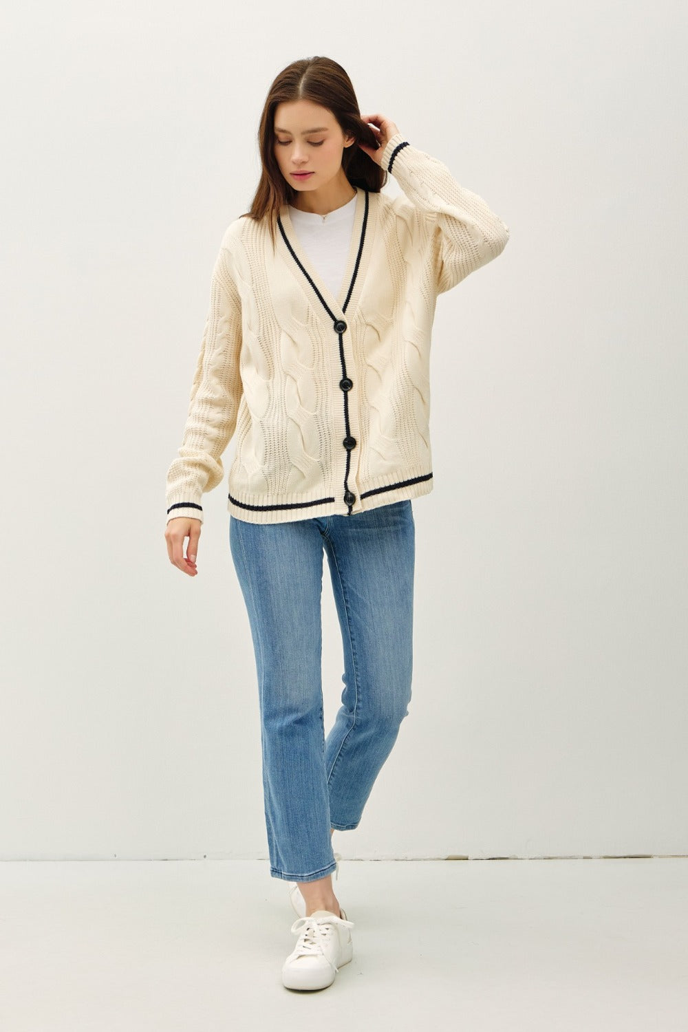 Hazel Blues® |  Be Cool Contrast Trim Cable-Knit V-Neck Cardigan