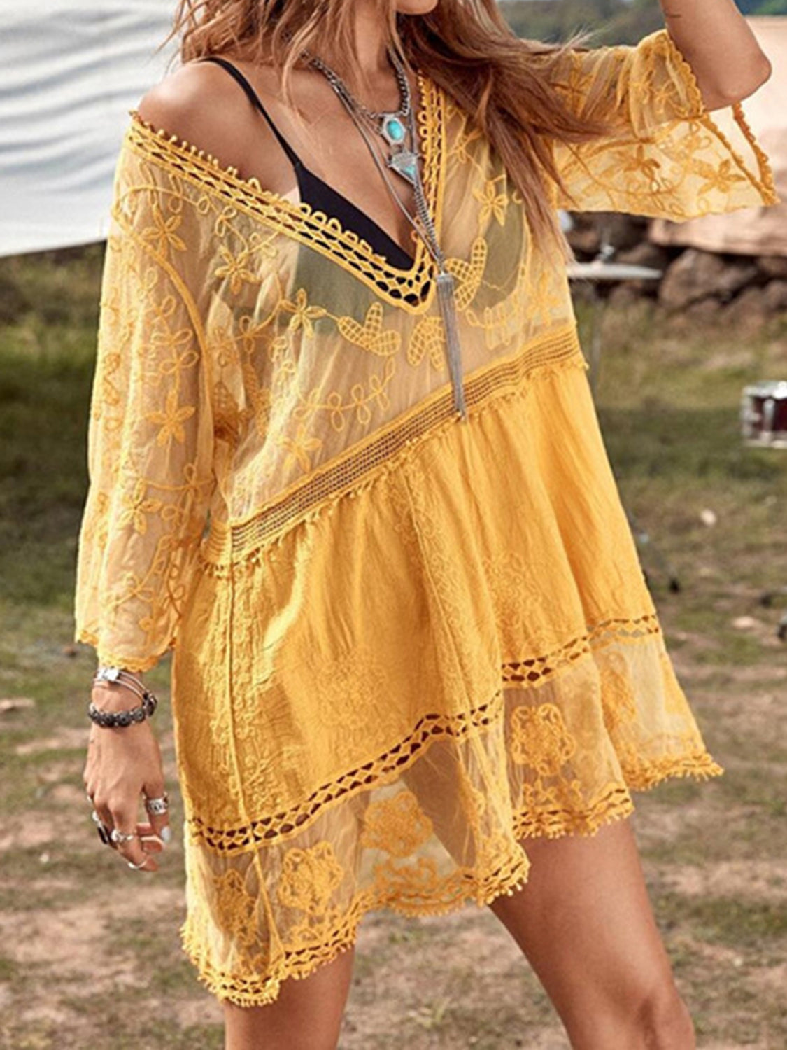 Hazel Blues® |  Lace Detail Plunge Cover-Up Dress