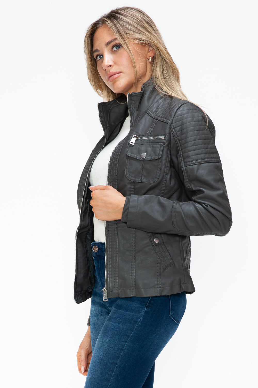 Hazel Blues® |  YMI Removable Faux Layered Multi-Pocket Jacket with Fuzzy Hood