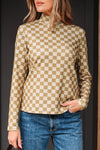 Hazel Blues® |  Khaki Check Pattern Turtleneck Ribbed Slim Long Sleeve Tee